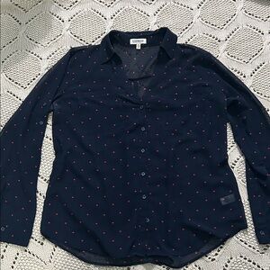Express Sheer Navy Portofino Shirt with Heart Print Sz L EUC